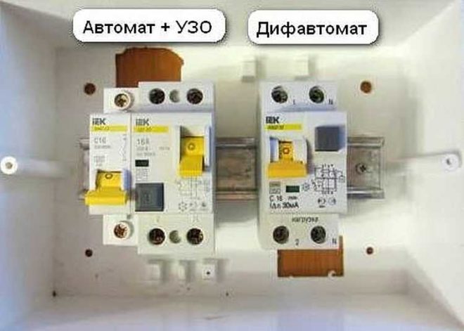 Сравнение размеров УЗО с автоматом и дифавтомата в щитке