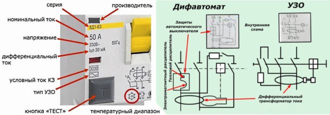 Маркировка и внутренняя схема УЗО и дифавтомата