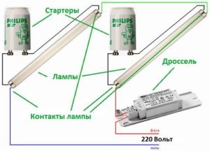 Элементная схема подключения лампы дневного света