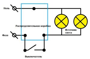 Схема подключения одноклавишного выключателя к двум лампочкам