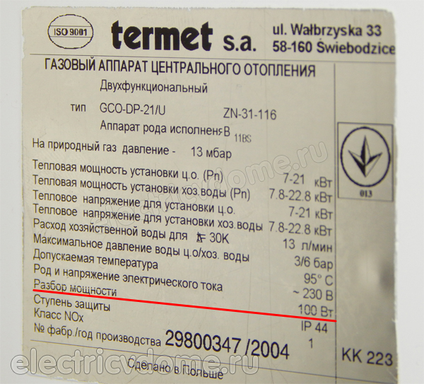 технические характеристики газового котла