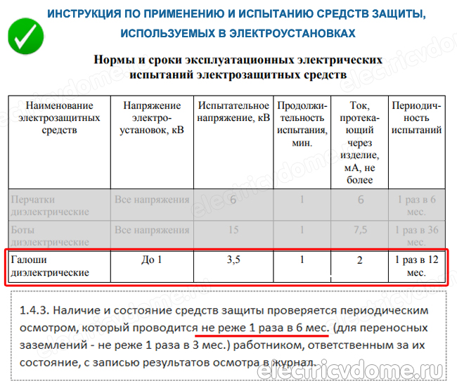 периодичность испытания диэлектрических галош