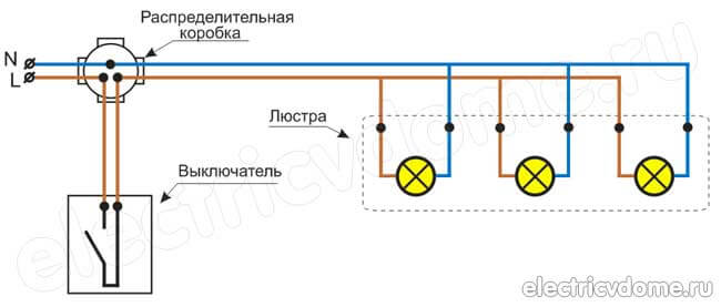 подключение люстры с тремя лампами